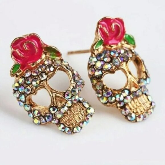 Sugar Skull Skeleton Rhinestone Rose Earrings Day of the Dead Dia De Los Muertos - Picture 1 of 3